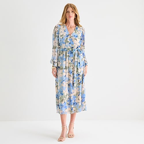 Black Label By Evan Picone Womens Midi V Neck Long Sleeve Smocked Sleeve Floral Fit + Flare Dress In Blue