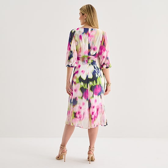 Marc New York Womens Midi V Neck 3/4 Sleeve Balloon Chiffon Abstract Fit + Flare Dress