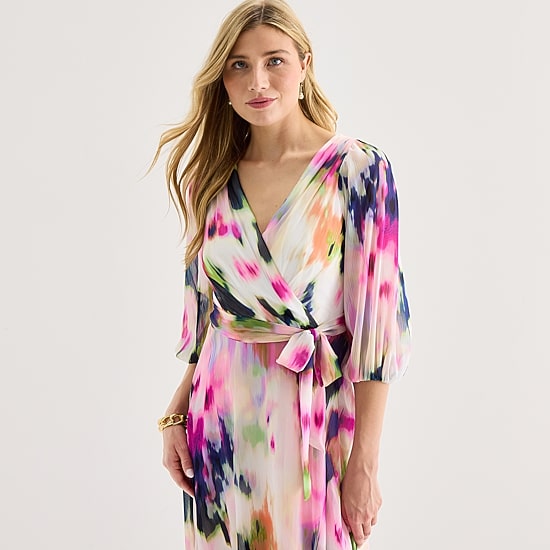 Marc New York Womens Midi V Neck 3/4 Sleeve Balloon Chiffon Abstract Fit + Flare Dress