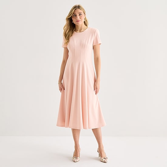 Marc New York Womens Midi Crew Neck Short Sleeve Fit + Flare Dress