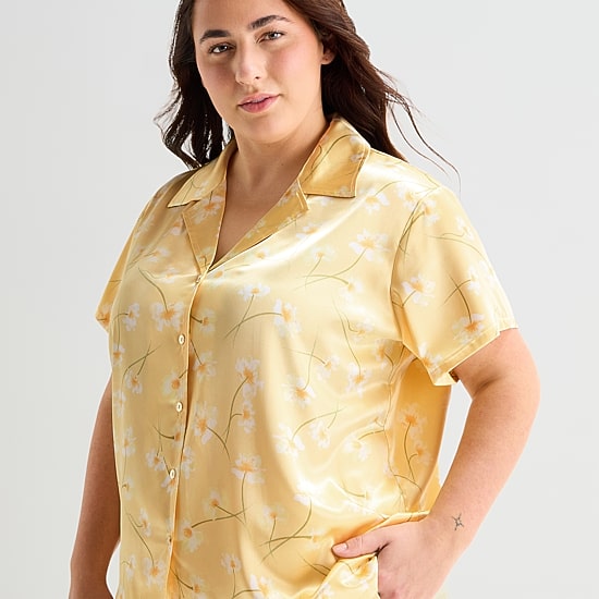 Ambrielle Womens Satin V-Neck Short Sleeve 2-pc. Plus Pajama Set