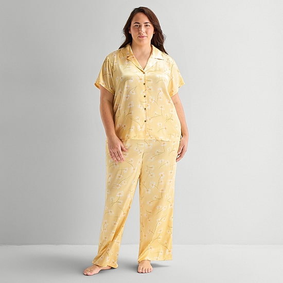 Ambrielle Womens Satin V-Neck Short Sleeve 2-pc. Plus Pajama Set