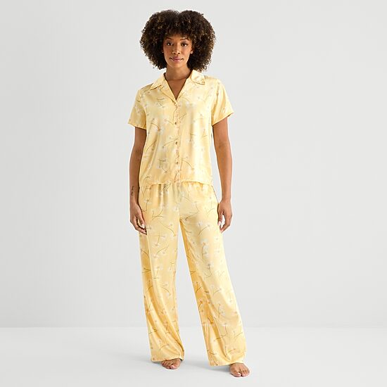 Ambrielle Womens Satin V-Neck Short Sleeve 2-pc. Pajama Set