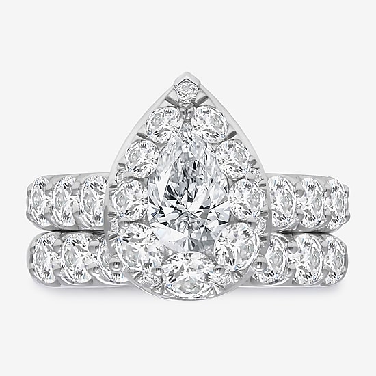 (I / I1) Womens 4 CT. T.W. Lab Grown White Diamond 10K Gold Pear Side Stone Halo Bridal Set