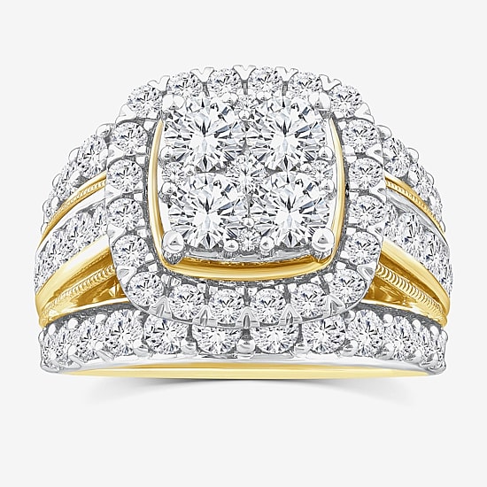 (Vs2) Womens 4 CT. T.W. Lab Grown White Diamond 10K Gold Cushion Side Stone Engagement Ring