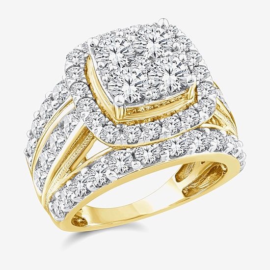 (Vs2) Womens 4 CT. T.W. Lab Grown White Diamond 10K Gold Cushion Side Stone Engagement Ring