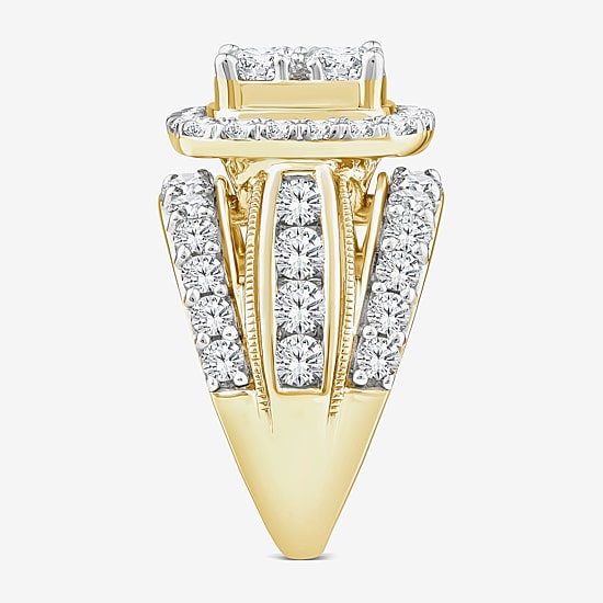 (Vs2) Womens 4 CT. T.W. Lab Grown White Diamond 10K Gold Cushion Side Stone Engagement Ring