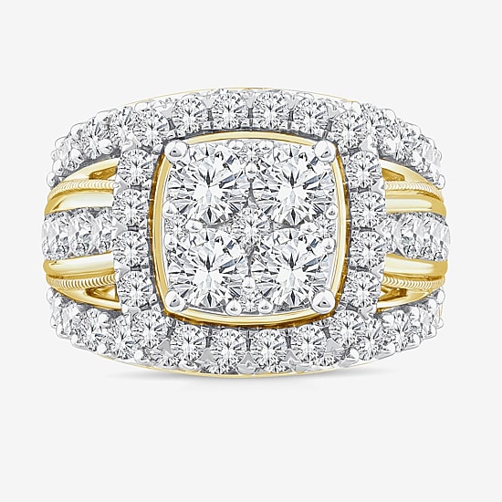 (Vs2) Womens 4 CT. T.W. Lab Grown White Diamond 10K Gold Cushion Side Stone Engagement Ring