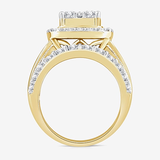 (Vs2) Womens 4 CT. T.W. Lab Grown White Diamond 10K Gold Cushion Side Stone Engagement Ring