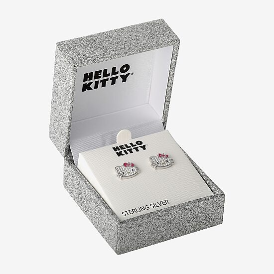 Girls White Crystal Sterling Silver 8.1mm Hello Kitty Hoop Earrings