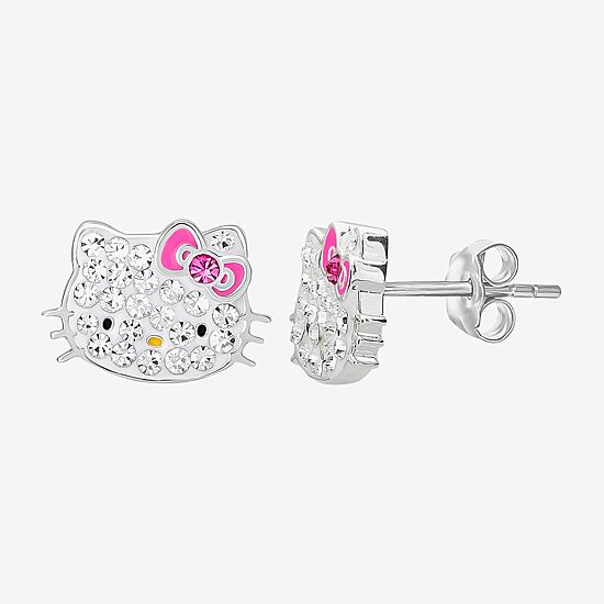 Girls White Crystal Sterling Silver 8.1mm Hello Kitty Hoop Earrings