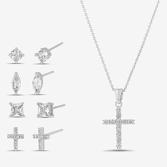 olivia and jackson Womens Cubic Zirconia Pure Silver Over Brass Cross Round Marquise 5-pc. Jewelry Set with Travel Case