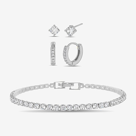 olivia and jackson Womens Cubic Zirconia Pure Silver Over Brass Round 3-pc. Jewelry Set with Travel Case