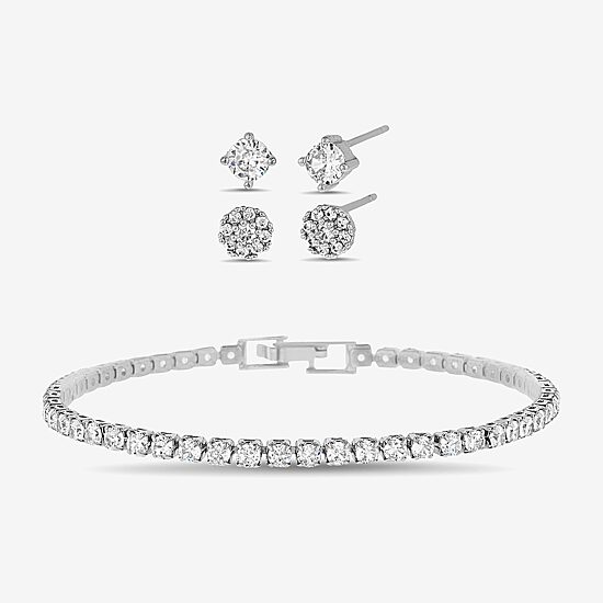 olivia and jackson Womens Cubic Zirconia Pure Silver Over Brass Round 3-pc. Jewelry Set with Travel Case