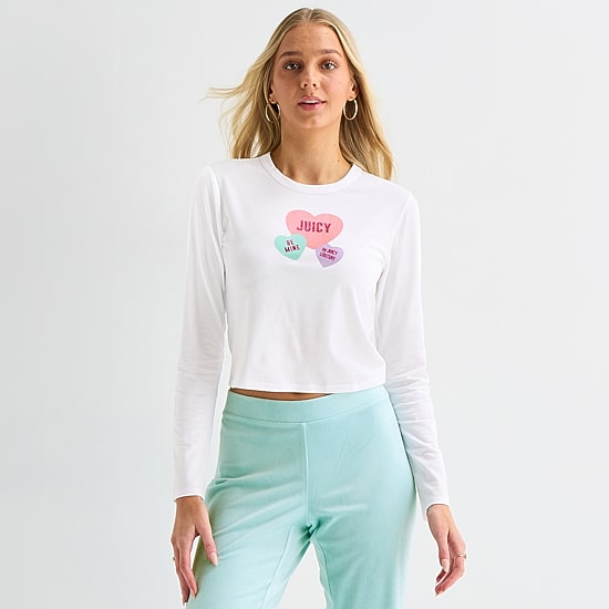 Juicy By Juicy Couture Womens Juniors Crew Neck Long Sleeve Classic Fit Graphic T-Shirt