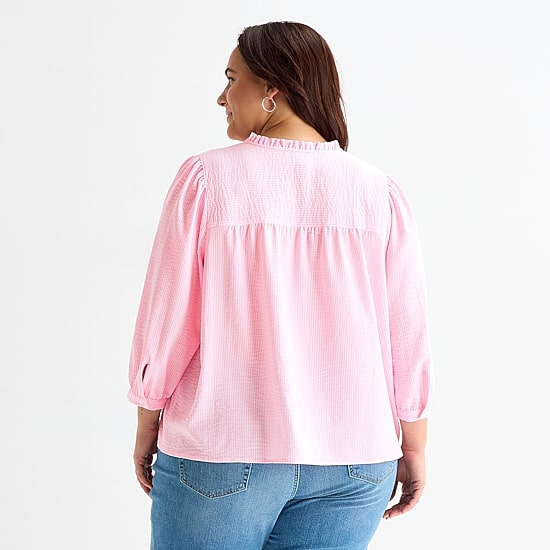 St. John's Bay Womens Plus V Neck 3/4 Sleeve Blouse