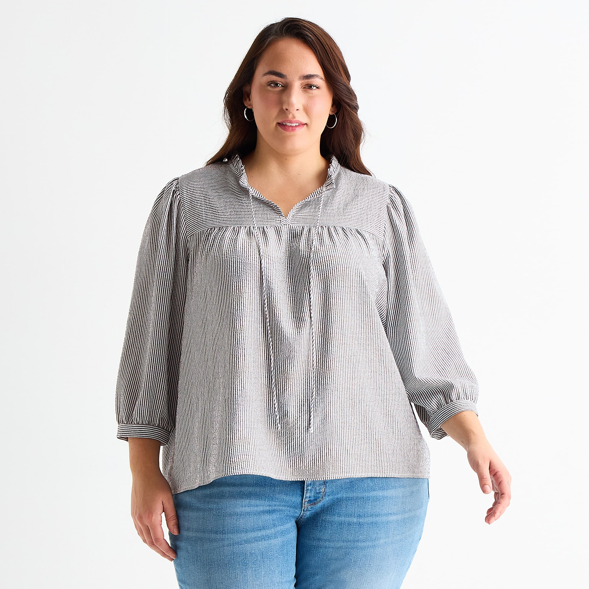 St. John's Bay Womens Plus V Neck 3/4 Sleeve Blouse