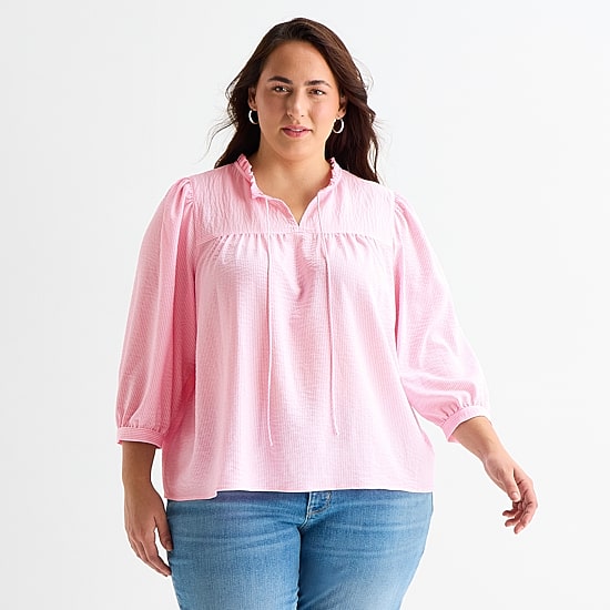 St. John's Bay Womens Plus V Neck 3/4 Sleeve Blouse