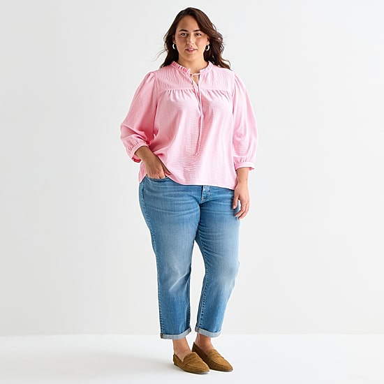 St. John's Bay Womens Plus V Neck 3/4 Sleeve Blouse