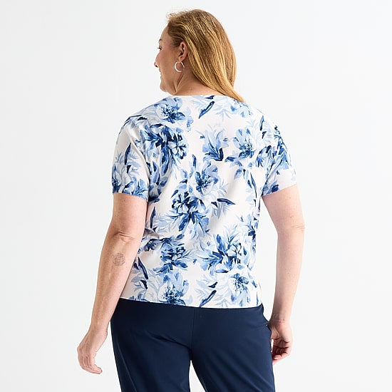 Liz Claiborne Plus Womens Crew Neck Short Sleeve Floral Pullover Sweater