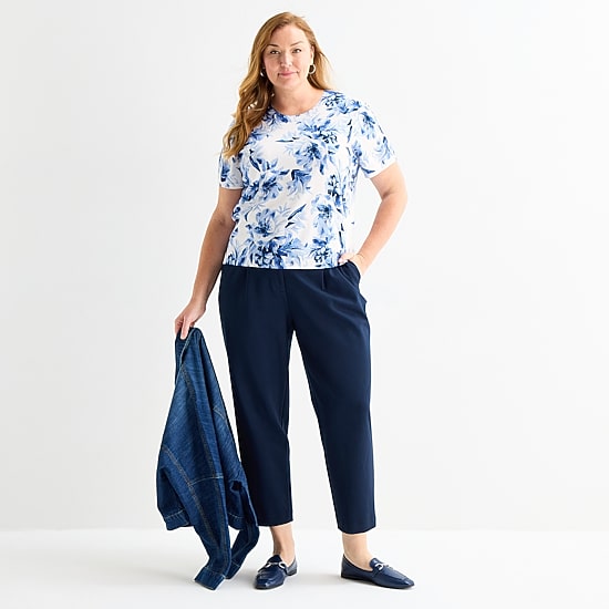 Liz Claiborne Plus Womens Crew Neck Short Sleeve Floral Pullover Sweater