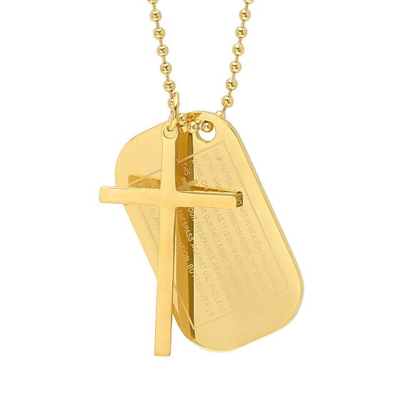 Lord'S Prayer Mens 18K Gold Over Stainless Steel Cross Dog Tag 30 Inch Pendant Necklace