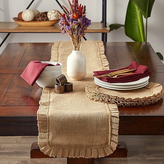 Design Imports Natural Jute Round Ruffle Trim Table Linen Set
