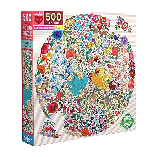 Eeboo Piece And Love Blue Bird Yellow Bird 500 Piece Adult   Round Jigsaw 500-pc. Puzzle