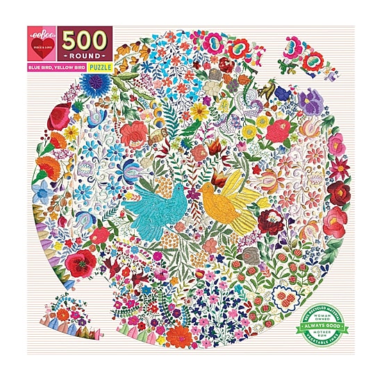 Eeboo Piece And Love Blue Bird Yellow Bird 500 Piece Adult   Round Jigsaw 500-pc. Puzzle