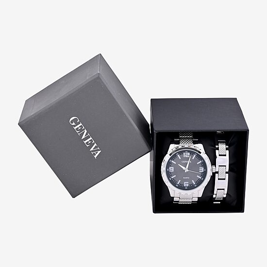 Geneva Mens Silver Tone Stainless Steel 2-pc. Watch Boxed Set Mac8080jc