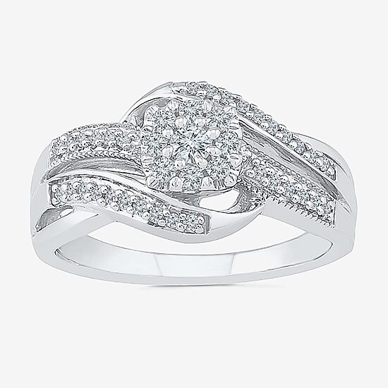 Womens 1/3 CT. T.W. Natural White Diamond Sterling Silver Round Cushion Side Stone Crossover Engagement Ring