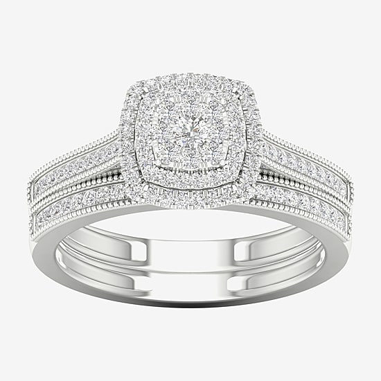 Womens 1/3 CT. T.W. Natural White Diamond 10K Gold Cushion Halo Bridal Set