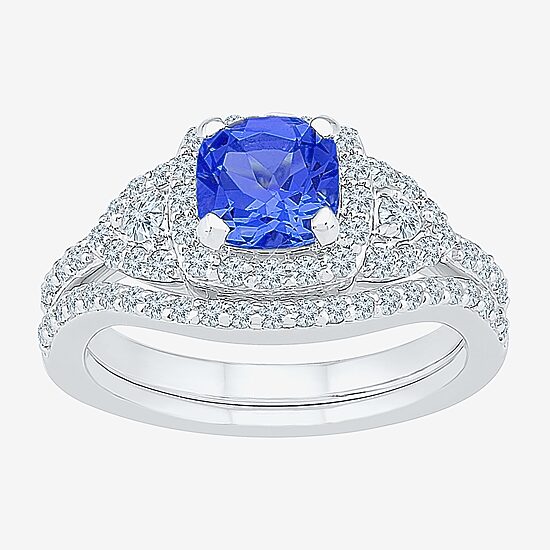 Modern Bride Gemstone Womens Blue & White Lab Created Sapphire Sterling Silver Bridal Set