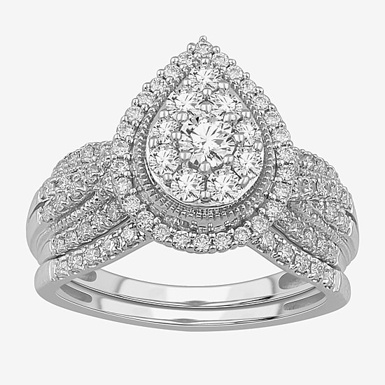 (G-H / SI1-SI2) Womens 1 CT. T.W. Lab Grown Diamond Pear Shape Halo Bridal Set in 10K Gold