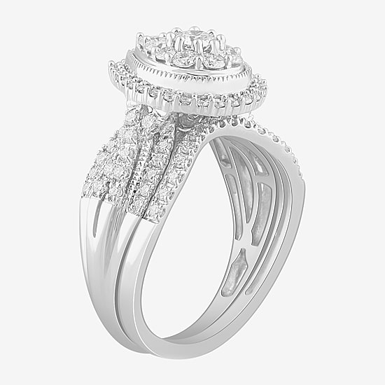 (G-H / SI1-SI2) Womens 1 CT. T.W. Lab Grown Diamond Pear Shape Halo Bridal Set in 10K Gold