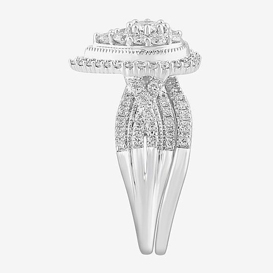 (G-H / SI1-SI2) Womens 1 CT. T.W. Lab Grown Diamond Pear Shape Halo Bridal Set in 10K Gold