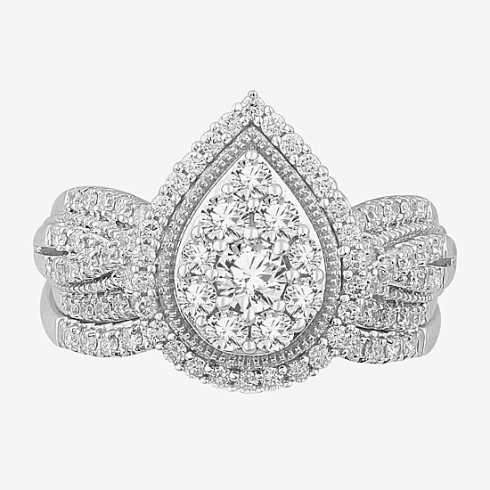 (G-H / SI1-SI2) Womens 1 CT. T.W. Lab Grown Diamond Pear Shape Halo Bridal Set in 10K Gold