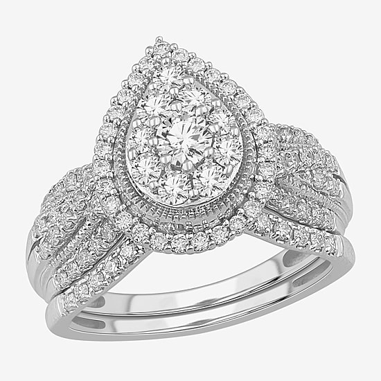 (G-H / SI1-SI2) Womens 1 CT. T.W. Lab Grown Diamond Pear Shape Halo Bridal Set in 10K Gold