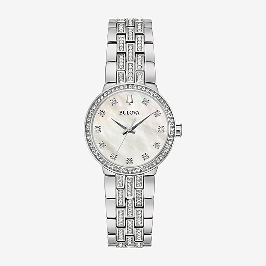 Bulova Classic Crystal Womens Crystal Accent Silver Tone Stainless Steel 2-pc. Watch Boxed Set 96x163