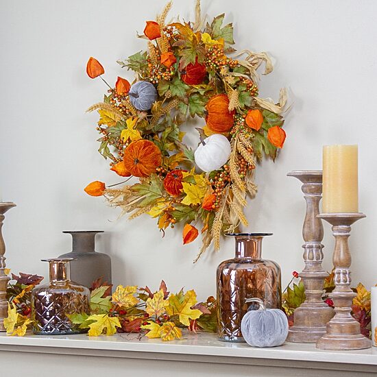 Northlight Velvet Pumpkins And Wheat Artificial Fall Harvest 24-Inch Unlit Wreath