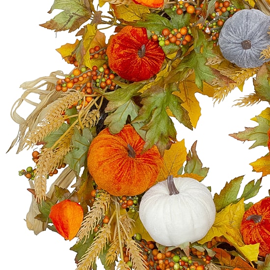 Northlight Velvet Pumpkins And Wheat Artificial Fall Harvest 24-Inch Unlit Wreath