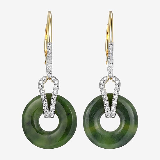 Womens Diamond Accent Genuine Green Jade 18K Gold Over Silver Circle Drop Earrings
