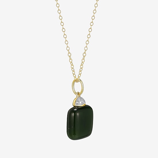 Womens Diamond Accent Genuine Green Jade 18K Gold Over Silver Cushion 18 Inch Pendant Necklace