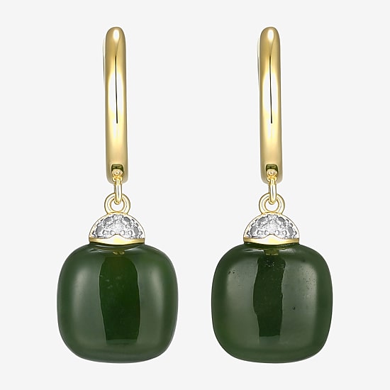 Womens Diamond Accent Genuine Green Jade 18K Gold Over Silver Cushion Drop Earrings