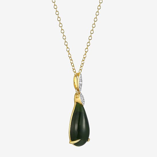 Womens Diamond Accent Genuine Green Jade 18K Gold Over Silver Pear 18 Inch Pendant Necklace