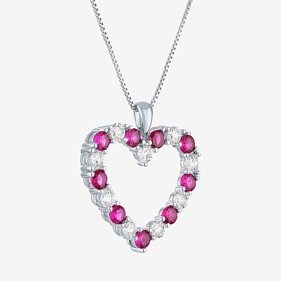 Womens Lab Created Red Ruby Sterling Silver Heart 18 Inch Pendant Necklace
