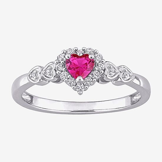 Womens Diamond Accent Lab Created Red Ruby Sterling Silver Heart Cocktail Ring
