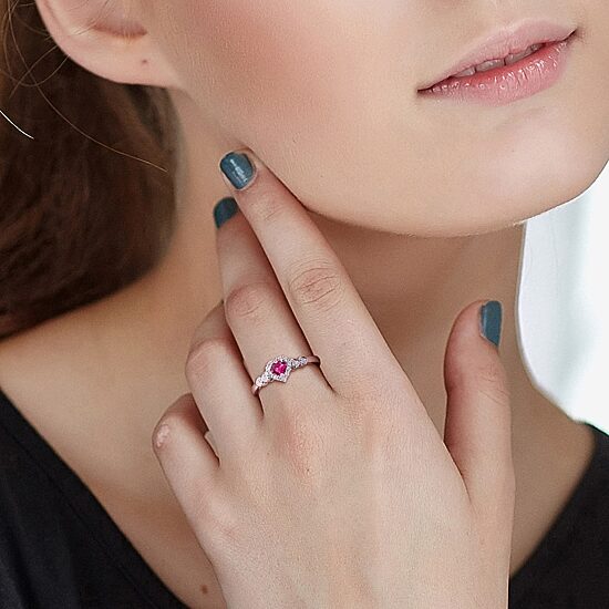 Womens Diamond Accent Lab Created Red Ruby Sterling Silver Heart Cocktail Ring