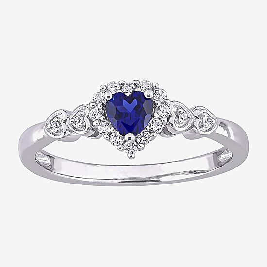 Womens Diamond Accent Lab Created Blue Sapphire Sterling Silver Heart Cocktail Ring