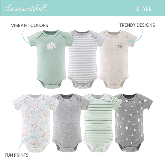 The Peanutshell Neutral Safari Baby Unisex Round Neck Short Sleeve 7-pc. Bodysuit